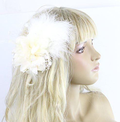 Women's Flower Feather Fascinator Hair Clip Brooch (Beige)
