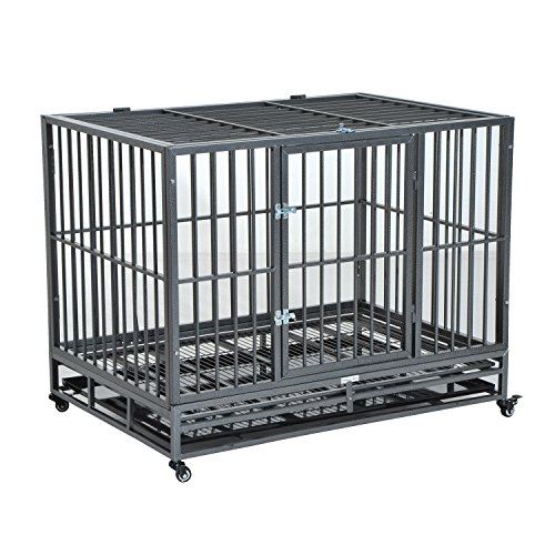 Pawhut 42″ Heavy Duty Steel Dog Crate Kennel Pet Cage w/ Wheels Grey