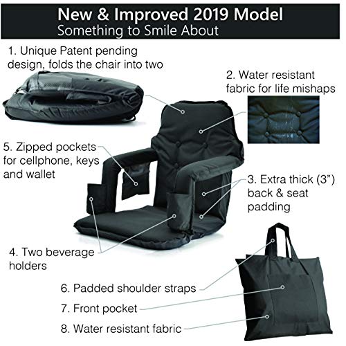 Foldable Stadium Seat for Bleachers - New & Improved 2019 Deluxe Model + Free Carry/Storage Bag- Water Resistant + Thick Padding +2 Drink Holders +Zipped Pocket (Black, Standard Size)