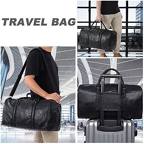 seyfocnia Oversized Travel Duffel Bag, Waterproof Leather Weekend bag Gym Sports Overnight Large Carry On Hand Bag-Black