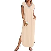 MEROKEETY Women's 2025 Spring Summer Maxi Dress Casual V Neck Split Beach Vacation Loose Long Dresses