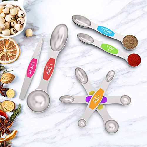 Magnetic Measuring Spoons Set - Wildone Stainless Steel Double Sided Measuring Spoons Set of 7, for Dry and Liquid Ingredients, including 6 Heavy Duty Nesting Spoons, 1 Leveler, Fits in Spice Jar