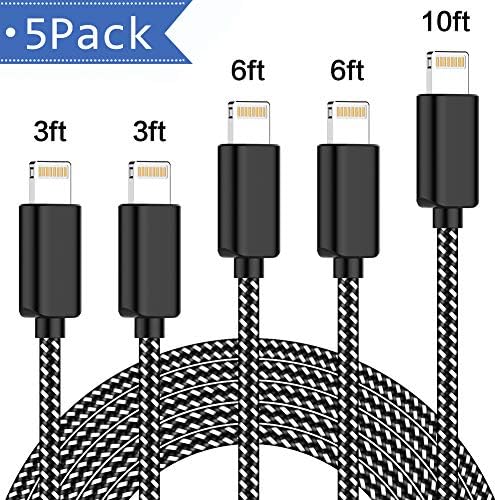 5 Pack [3/3/6/6/10FT] MFi Certified iPhone Charger Lightning Cable Extra Long Nylon Braided USB Charging & Syncing Cord Compatible iPhone Xs/Max/XR/X/8/8Plus/7/7Plus/6S Plus/SE/iPad/Nan More
