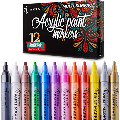 Paint Pens for Rock Painting, Ceramic, Porcelain, Glass, Wood, Fabric, Canvas. Set of 12 Acrylic Paint Markers Medium Tip