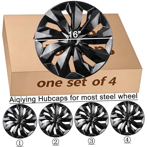 Hubcaps Wheel Cover Replacement R16 Size Hub Cap Universal-Fit Steel Wheel Rim Caps ABS Tire Covers for Most Cars Trucks Sedans SUV -Set of 4（16-inch，Black）