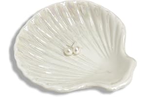GO2HEJING Ring Dish Shell Shape Ceramic Jewelry Dish Tray, Decorative Trinket Dish Organizing Rings Earrings Necklaces Keys for Mom Friend Sister, 3.9", White Iridescent Surface