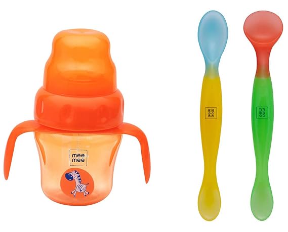 Mee Mee 150ml 2 in 1 Spout and Straw Sipper Cup (Orange) and Mee Mee Dual-Ended Baby Spoon (Set of 4)