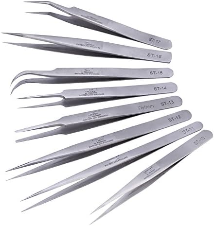 FlyItem 8pcs Professional High-Density Stainless Steel Anti-static Eyebrow Eyelash Extension Tweezers Nippers Pointed Clip Set Makeup Cosmetic Tools (Silver)