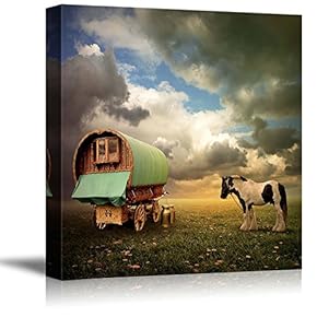 Canvas Prints Wall Art - an Old Gypsy Caravan, Trailer, Wagon with a Horse | Modern Wall Decor/Home Decoration Stretched Gallery Canvas Wrap Giclee Print. Ready to Hang - 12" x 12"