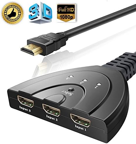 HDMI switch, Premium Quality 3 Port HDMI Splitter with Pigtail Cable Support Full HD 3D 1080p