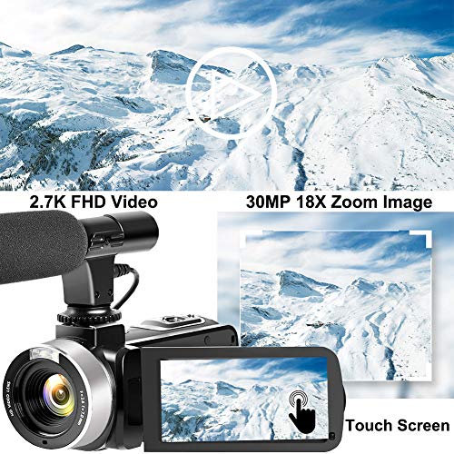 Camcorders Video Camera, Vlogging Camera for YouTube 2.7K Full HD 30MP 18X Digital Zoom Camcorder with Microphone 3.0 Inch IPS Touch Screen