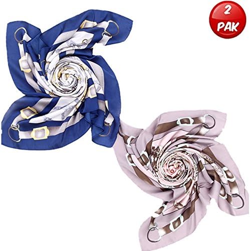 AlinkZ Women's Satin Square Silk Feeling Neck Scarf Hair Scarf 28"X28" Set of 2 (Chain Pink-White)