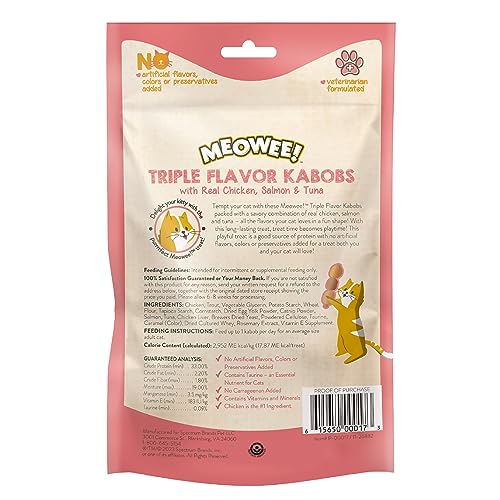 MEOWEE! TRIPLE FLAVOR KABOBS CAT TREAT, 2.4 OUNCE BAG, LONG-LASTING PLAYTIME TREAT FOR CATS MADE WITH REAL CHICKEN, SALMON & TUNA