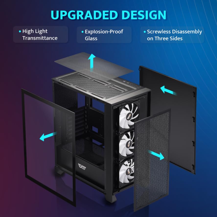darkFlash ATX Mid-Tower Gaming PC Case, Pre-Installed 3x120mm Fix RGB Fans, with Removable Large Mesh Front Panel, USB3.0 Ready, Tempered Glass Side Panel Airflow Computer Case, Black(DRX70)