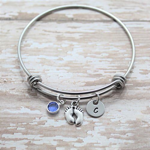 Baby Footprint Bangle Bracelet - Baby Feet Jewelry for Women - New Mom Gift - Personalized Birthstone & Initial