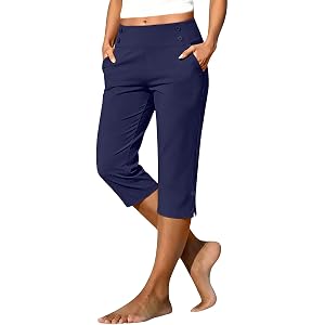 Womens Golf Capris Dressy Casual Stretch Elastic Waist Work Crop Pant with Pockets Summer Travel Workout Yoga Slacks