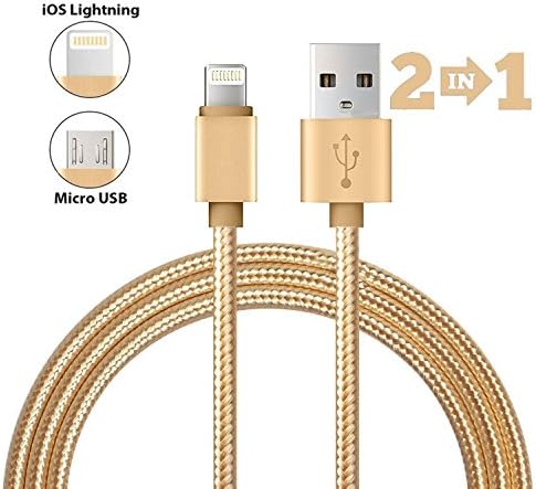 2 in 1 Lightning and Micro USB Charging Cable Nylon Braided Durable MutiDevice Charging for All iPhone and Android charger 3FT Black (GOLD)