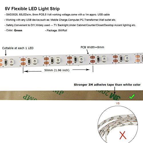 5V USB LED Strip Light 5M SMD 3528 with 3M Tape for TV Computer Backlighting (5M,3528,Non-waterproof, Green)
