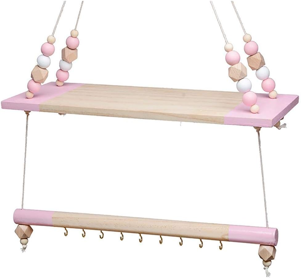 Wood Wall Floating Shelf, Hanging Swing Rope Shelves, Wood Rope Hanging Floating Shelves, Boho Decor Shelves for Living Room, Children's Bedroom, Nursery Room, Pink.