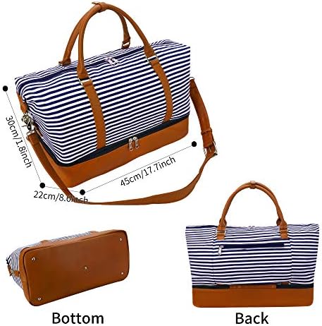 Weekender Bag Carry on Overnight Duffel for Women, Carrying Weedkend Travel Bags for Ladies, Large Canvas& PU Leather with Shoe Compartment Duffel (Blue Strips) 3 Weekender Bag Carry on Overnight Duffel for Women, Carrying Weedkend Travel Bags for Ladies, Large Canvas& PU Leather with Shoe Compartment Duffel (Blue Strips)