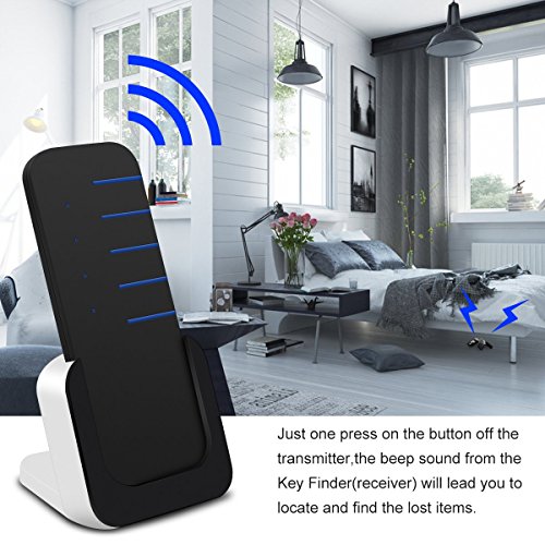 Wireless Key Finder Wallet Locator â€“ Luxsure Mini Item Tracker Cell Phone Luggage Bags Purse Pet Remote Control Anti-Lost Tag w/Base Support, 1 RF Transmitter & 4 Receivers (Black KF4)