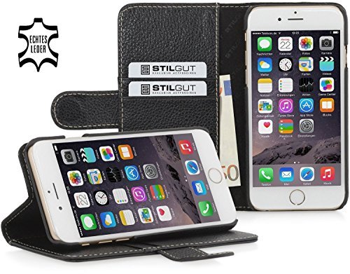 StilGut Leather Case Compatible with iPhone 6s Plus with Credit Card Slots Flap and Stand Function Black