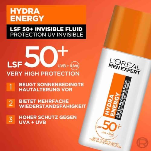 UV Sonnenschutz LSF 50 für Männer, Invisible Fluid für das Gesicht gegen Sonnenstrahlen, Herren Sonnencreme SPF 50+ gegen Hautalterung mit Vitamin C, Hydra Energy, 1 x 50 ml
