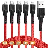 Micro USB Charging Cable 6ft 2.4 A, 5 Pack Android Phone Fast Charger Cord with Extra Long Length Nylon Braided for Samsung Galaxy S7 Edge/S7/S6 Edge/S6, Note 5/4/2 (Red)