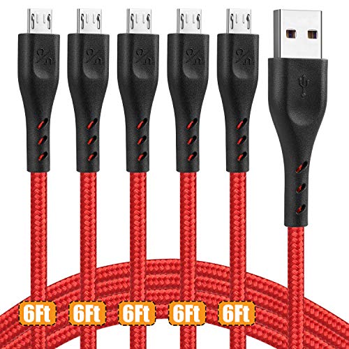 Micro USB Charging Cable 6ft 2.4 A, 5 Pack Android Phone Fast Charger Cord with Extra Long Length Nylon Braided for Samsung Galaxy S7 Edge/S7/S6 Edge/S6, Note 5/4/2 (Red)