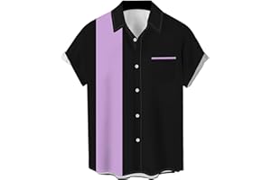 LZZIDOU Men's Vintage Bowling Shirts 1950s Casual Short Sleeve Button Up Contrast Shirt Summer Color Block Cuban Shirts