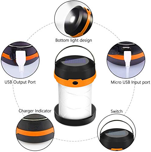 Solar Powered LED Camping Lantern-Solar or USB Chargeable, Portable Chargeable Collapsible LED Camping Lantern, Solar Tent Lamp Flashlight Emergency Charger for Hiking Camping Tent Hunting ( orange)