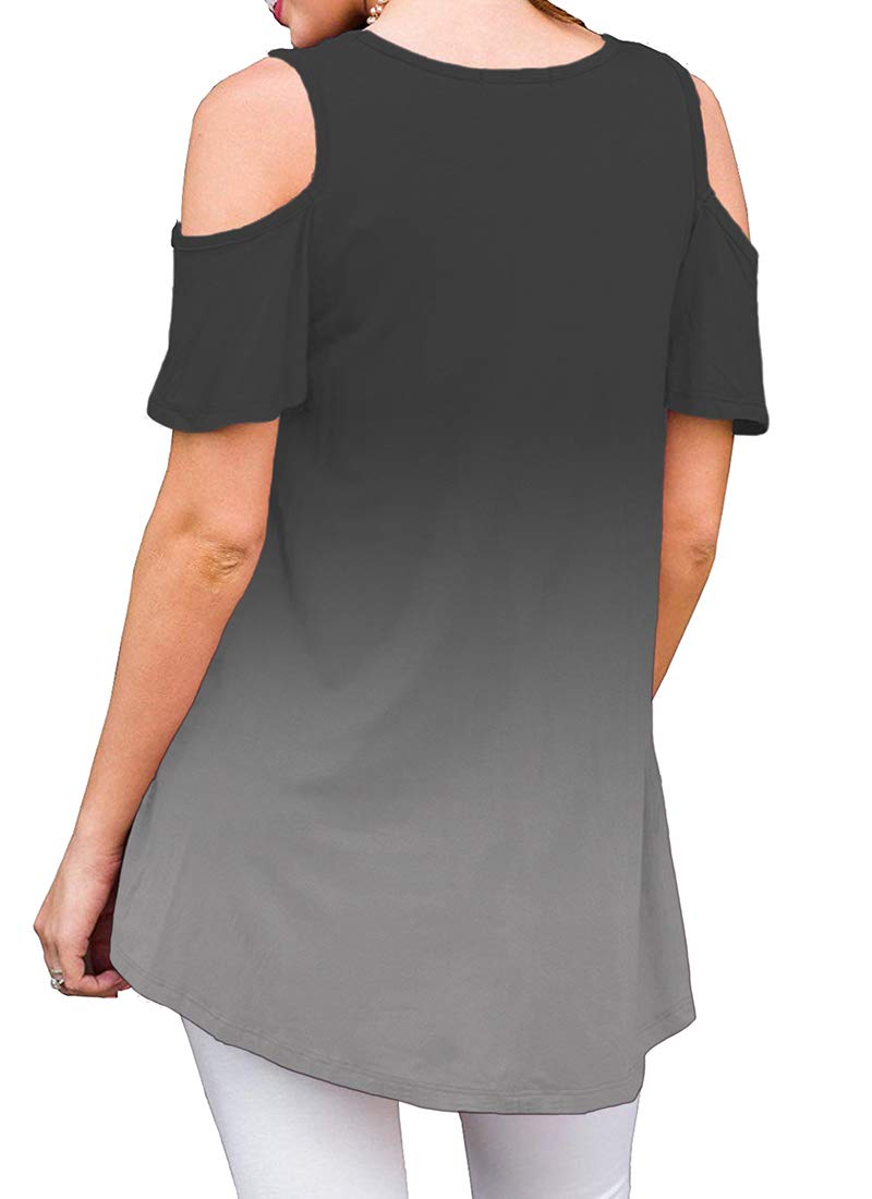 Womens Casual Loose Tunic Tops - O Neck Cold Shoulder Ruffle Dye Tunic Tops for Leggings Grey XL