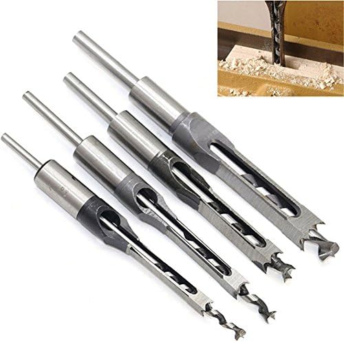 4Pcs Woodworker Square Hole Drill Bits Wood Mortising Chisel Set Mortise Chisel Bit Kits Woodworking Hole Saw Sets with Twist Drill DIY Mortising Chisel Power Tools
