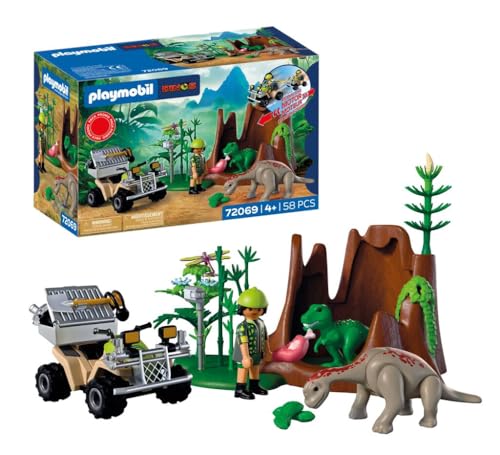 Playmobil Dinos Dinosaur Hideout, Dinosaur Explorer with Quad Bike, Baby T-Rex and Baby Brachiosaurus, Childrens toy for ages 4plus, 72069