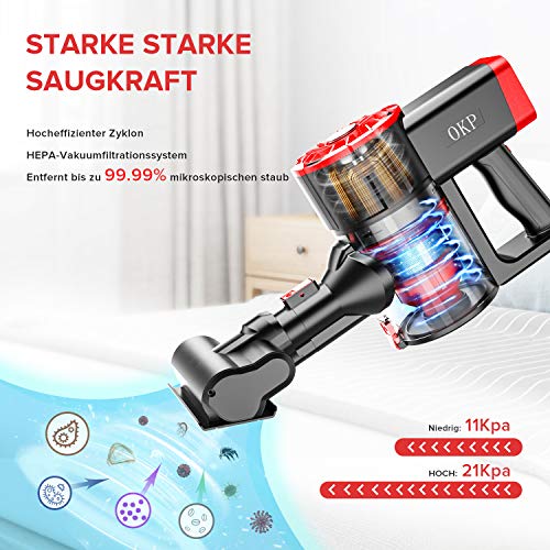 Akku Staubsauger, 21000Pa Staubsauger Kabellos 4 in 1 Handstaubsauger Akkustaubsauger mit HEPA-Filter und LED Elektrobürste für Harte Böden Teppiche und Tierhaare Staubsauger Ohne Kabel – Bild 3