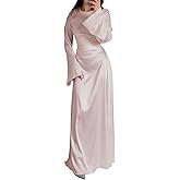 xxxiticat Women's Slip Satin Long Dress Long Sleeve Round Neck Back Lace Up Bandage Tie Wedding Party Maxi Dresses