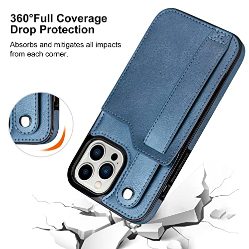 Vofolen for iPhone 13 Pro Max Case Wallet Protective Case with Credit Card Holder, PU Leather Shockproof Shell with Wrist Strap Kickstand Cover Compatible with iPhone 13 Pro Max 6.7 inch, Blue