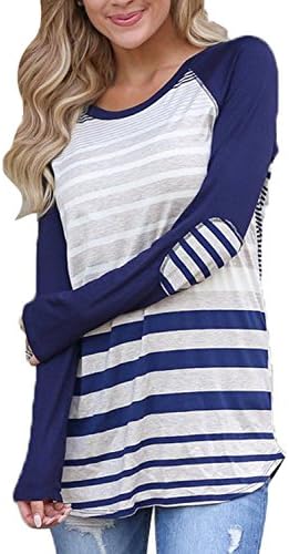ANDYICEE Women's Cotton Color Block Casual Tunic Tops Junior Long Sleeve Stripe T-Shirts Blouses (Medium, Blue)