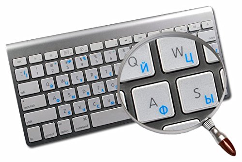 RUSSIAN CYRILLIC APPLE KEYBOARD DECALS WITH BLUE, RED, ORANGE OR WHITE LETTERING ON TRANSPARENT BACKGROUND FOR DESKTOP, LAPTOP AND NOTEBOOK (Blue)