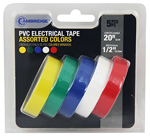 Cambridge Electrical Tape Professional Grade 1/2 Inch by 20 Feet per Roll 5 Rolls 1 Each of Yellow Green Blue White Red