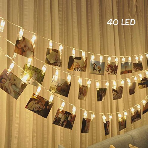 KNONEW LED Photo Clip String Lights - 40 Photo Clips 5M Battery Powered LED Picture Lights for Decoration Hanging Photo, Notes, Artwork (Warm-white)