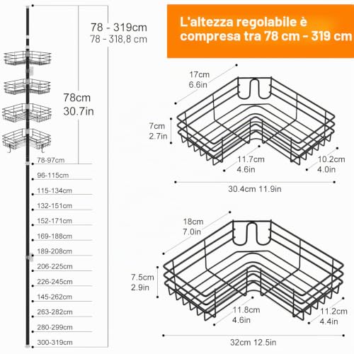 PORUGE Telescopic Corner Shower Shelf, Adjustable Shower Caddy Without Drilling, Metal Shower Shelf with 4 Shelves for Bathtub, 78-320 cm, Black