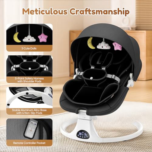 Dossier Réglable Transat Bébé Electrique, Balancelle Bébé Avec Coussin Amovible et Table D'appoint, Balançoire pour Baby avec 3 Minuteries et 5 Vitesses, 12 Mélodies, 3 Options D'alimentation (Noir)