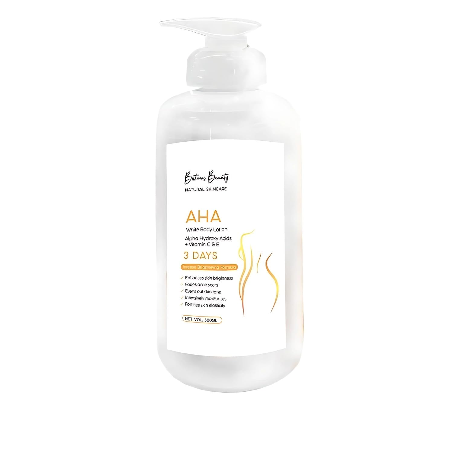 Britains Beauty AHA White Body Lotion with Alpha Hydroxy Acids, Vitamin C & E, Intense Brightening Formula for Smooth & Hydrated Skin – 500ml (White, 500ml)