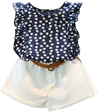 Daoroka 3Pcs Newborn Baby Girls Clothes Summer Floral Heart Print Sweet T Shirt+Shorts+Belt Outfit Set (130, Navy)