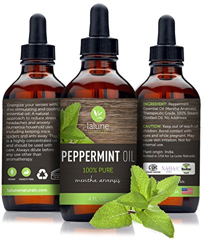 Peppermint Oil 4 Oz - La Lune Naturals Undiluted 100% Pure Therapeutic Grade Peppermint Essential Oil - FREE eBook 20 Recipes, Polyseal Cap & Glass Dropper - Best Peppermint Oil for Headaches, Migraines - Repel Mice, Spiders, Ants