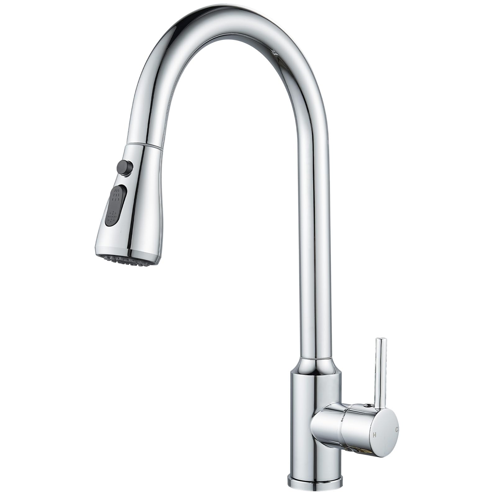NewEast Kitchen Mixer Tap, Single Lever Kitchen Tap with Pull Out Sprayer, Swan Neck Kitchen Faucet, Chrome, Stainless Steel