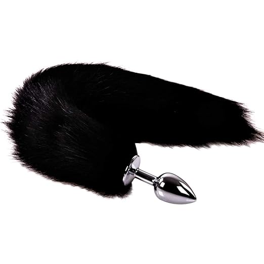 Authda Konische Form Analdildo Edelstahl - Buttplug mit Faux Fox Tail Analplug für Anfänger (Schwarz)