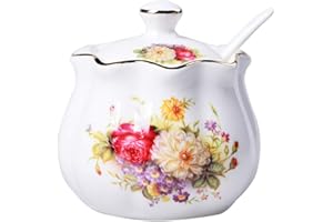 Mozacona Ceramics Retro Flower Sugar Bowl Spice Jar Storage Seasoning Pot with Lid Spoon
