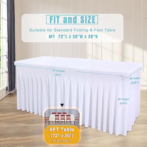 6 Packs White Table Clothes for 6 Foot Rectangle Tables, One-Piece Wrinkle Resistant Stretch Spandex Table Covers with Skirt for Event Banquet Wedding Birthday Party